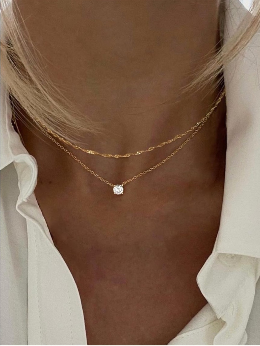 14K Gold Plated Double-Layer Necklace with Cubic Zirconia Pendant